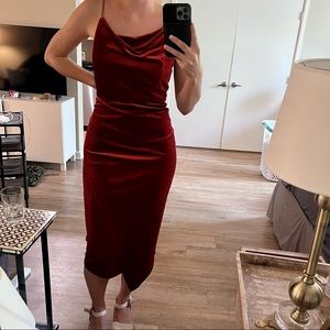 Burnt Orange Auburn Red Midi Velvet Asymmetrical Dress